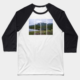 Wonderful landscapes in Norway. Nordland. Beautiful scenery of a coastline at Fiskebol, Lofoten Islands. Rippled sea in a cloudy summer day. Seagulls, pink flowers and snowed mountains Baseball T-Shirt